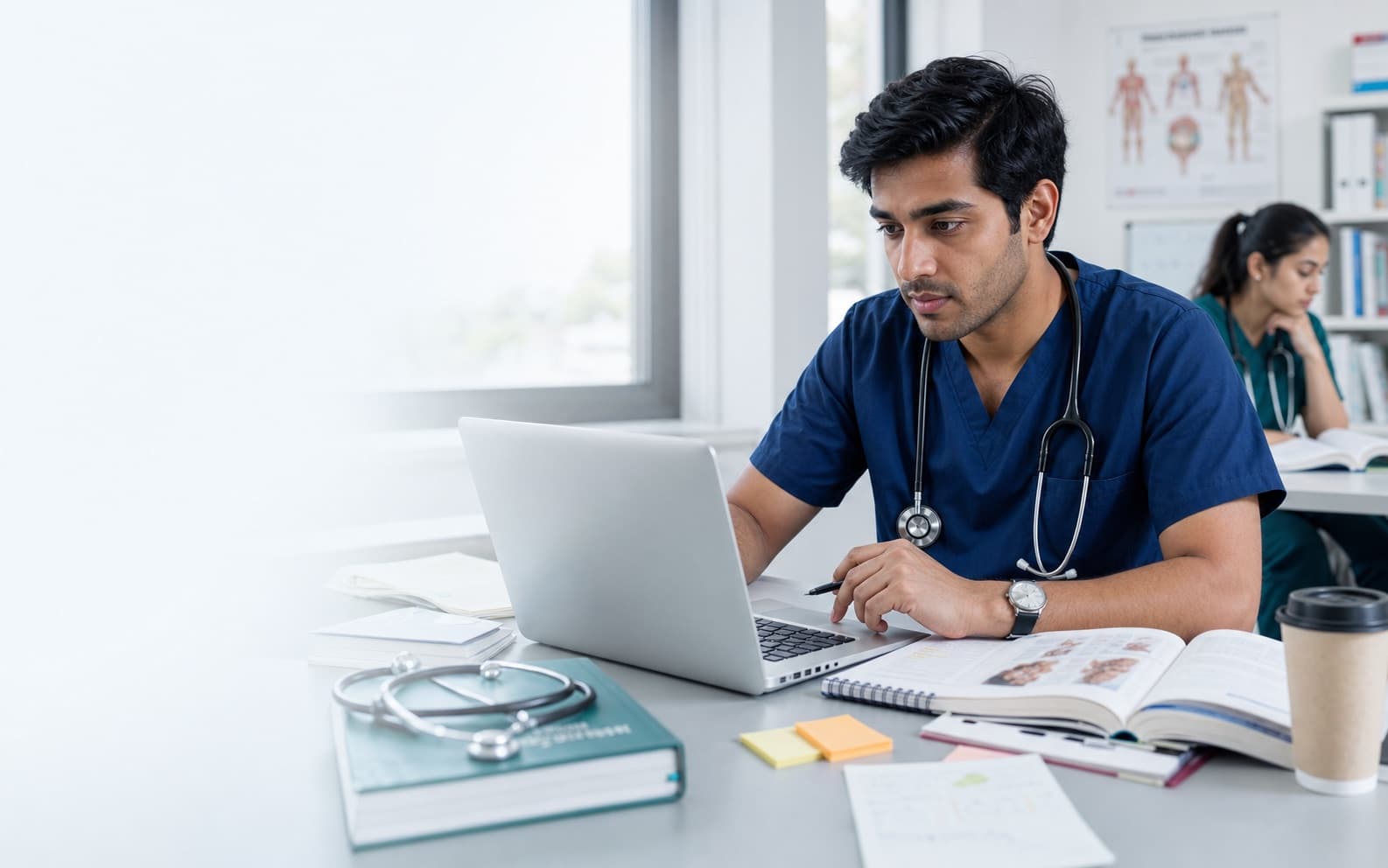 International doctor studying for PLAB 1 in a clinical education room