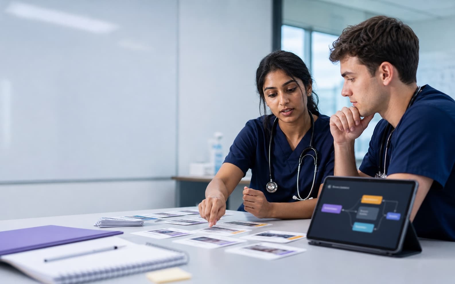 Junior doctors discussing situational judgement scenarios in a teaching room