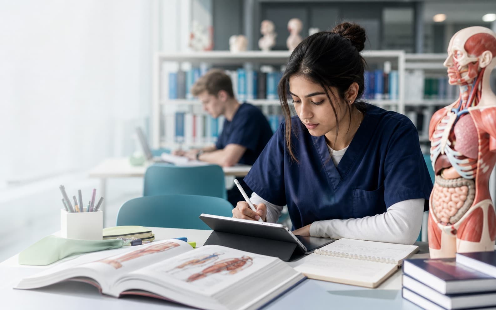 Medical student revising Year 1 anatomy and core science in a teaching room