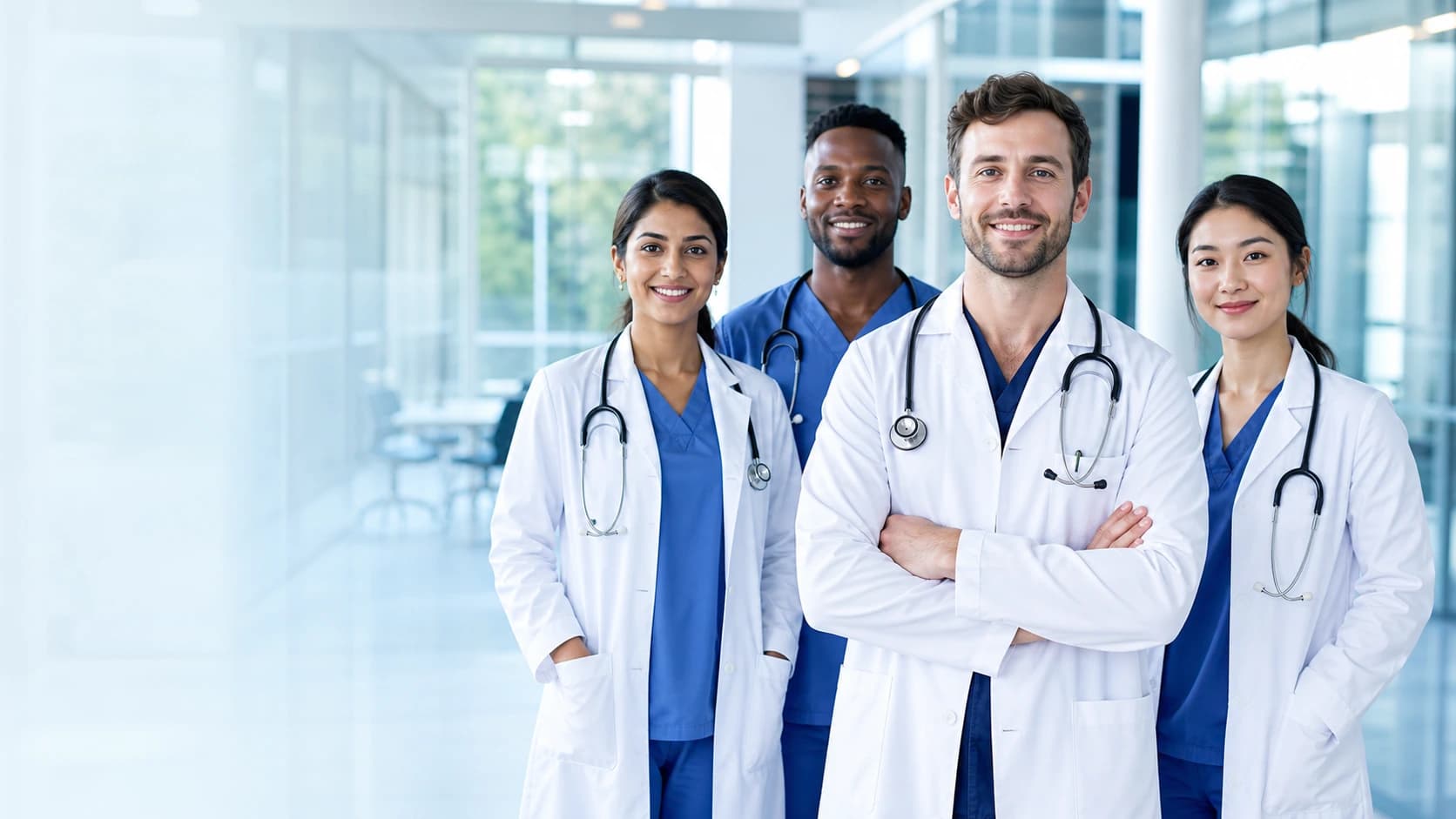 Diverse group of four doctors in a bright clinical teaching space